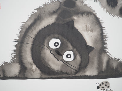 Laszlo TIBAY : Chat observant une coccinelle - Dessin original signé