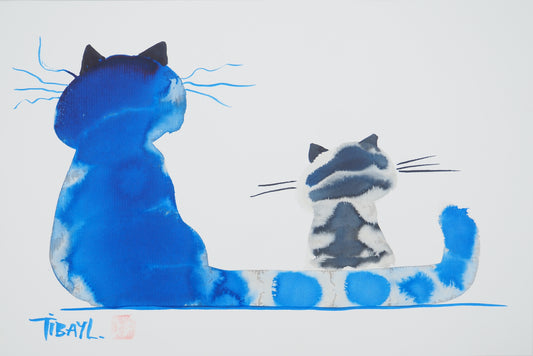 Laszlo TIBAY : Maman chat et son petit - Dessin original signé