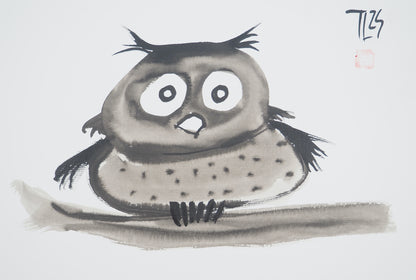 Laszlo TIBAY : L'hibou perché sur sa branche - Dessin original signé