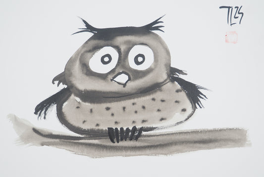 Laszlo TIBAY : L'hibou perché sur sa branche - Dessin original signé