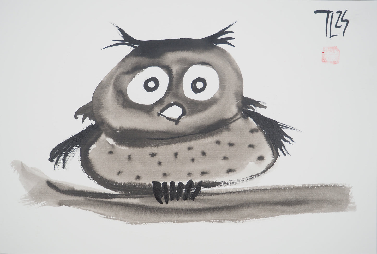 Laszlo TIBAY : L'hibou perché sur sa branche - Dessin original signé