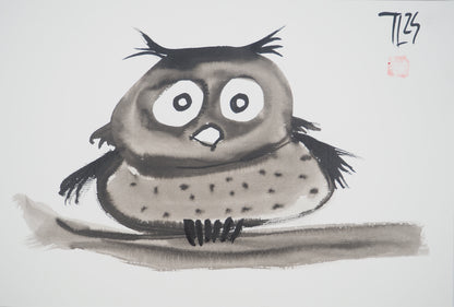 Laszlo TIBAY : L'hibou perché sur sa branche - Dessin original signé
