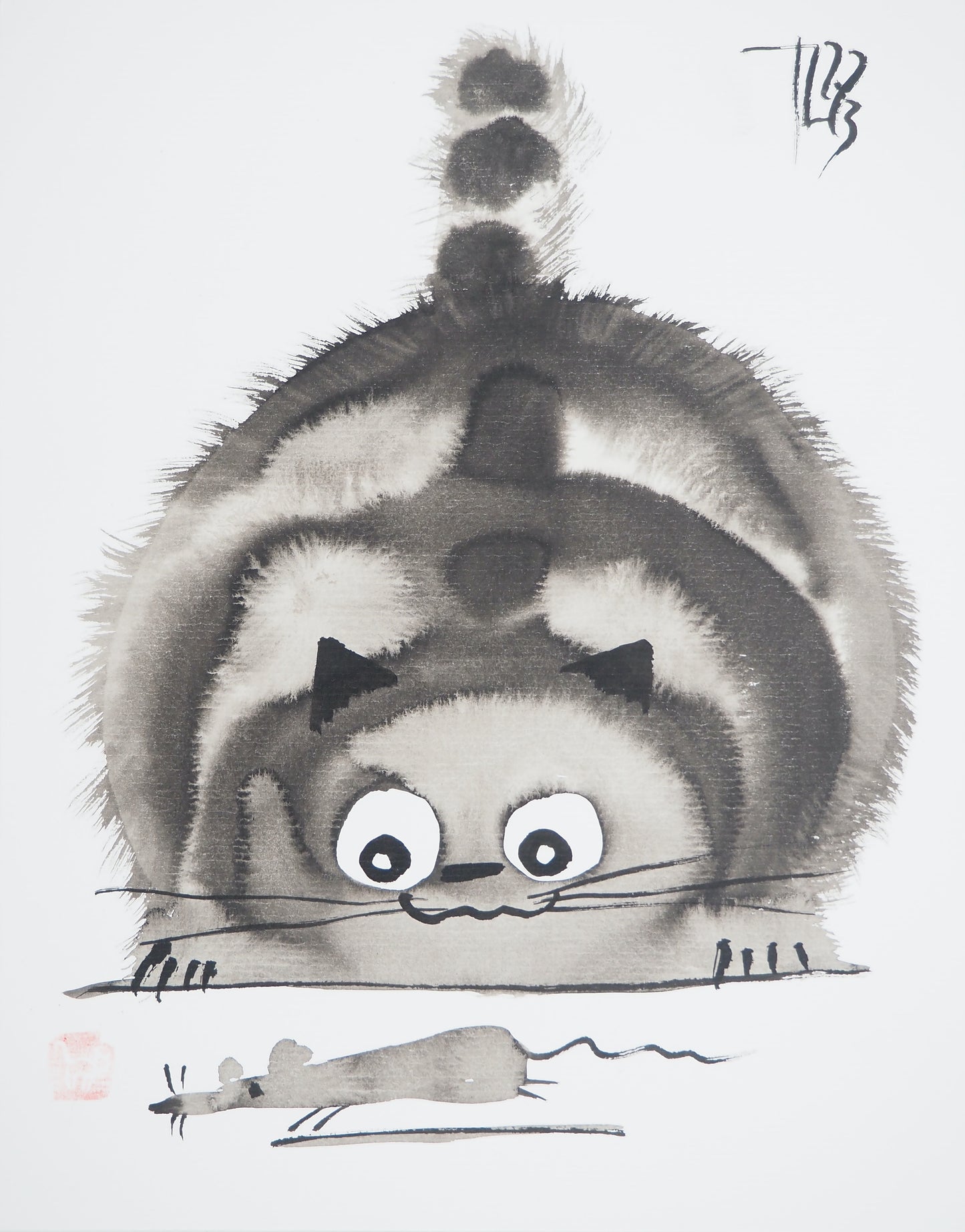 Laszlo TIBAY : Le chat et la souris - Dessin original signé