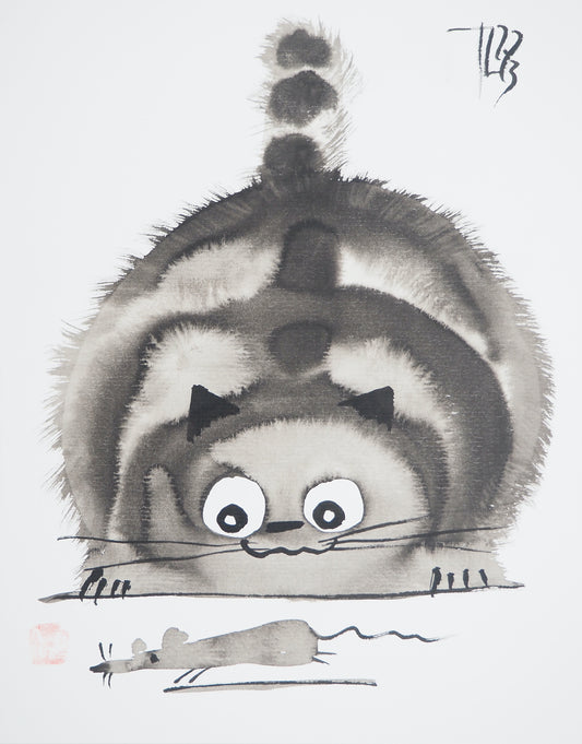 Laszlo TIBAY : Le chat et la souris - Dessin original signé