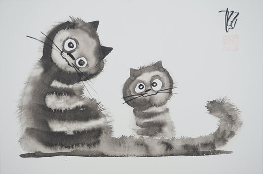 Laszlo TIBAY : Maman chat et son chaton - Dessin original signé