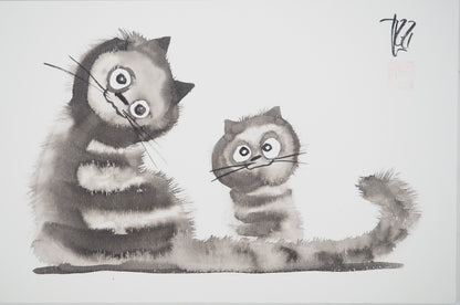 Laszlo TIBAY : Maman chat et son chaton - Dessin original signé