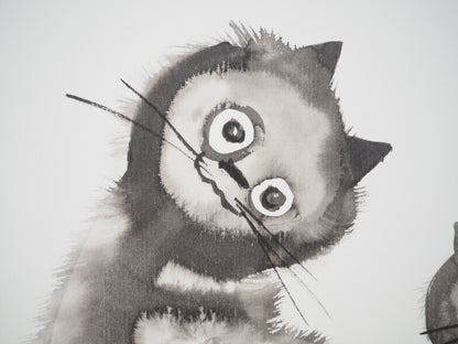 Laszlo TIBAY : Maman chat et son chaton - Dessin original signé