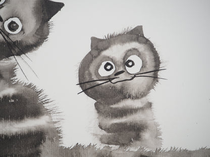Laszlo TIBAY : Maman chat et son chaton - Dessin original signé