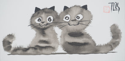 Laszlo TIBAY : Deux chatons heureux - Dessin original signé