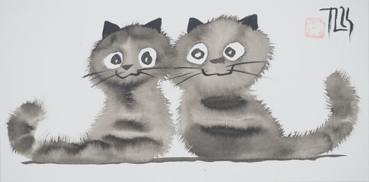 Laszlo TIBAY : Deux chatons heureux - Dessin original signé
