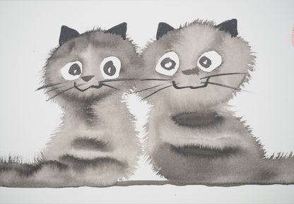 Laszlo TIBAY : Deux chatons heureux - Dessin original signé