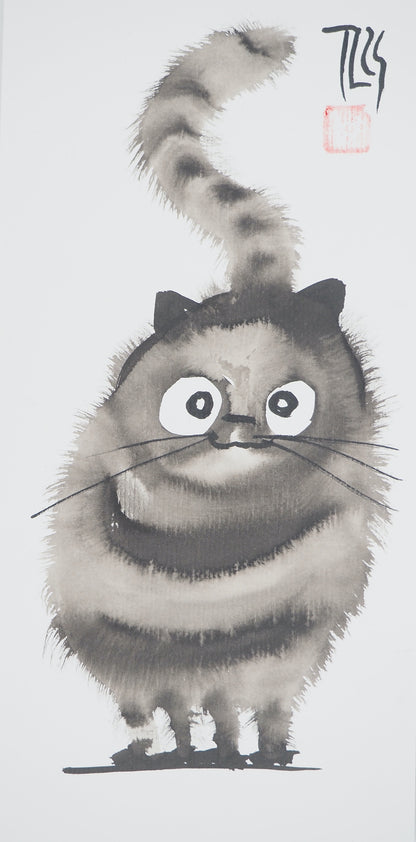 Laszlo TIBAY : Chat de face - Dessin original signé