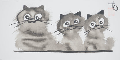 Laszlo TIBAY : Mère et sa fratrie de chatons - Dessin original signé