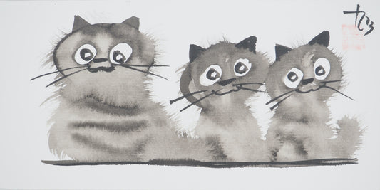 Laszlo TIBAY : Mère et sa fratrie de chatons - Dessin original signé