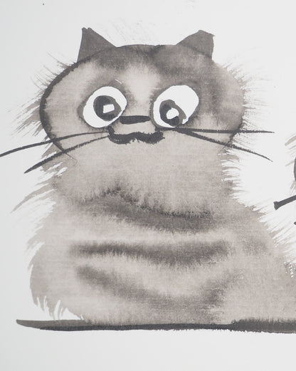 Laszlo TIBAY : Mère et sa fratrie de chatons - Dessin original signé