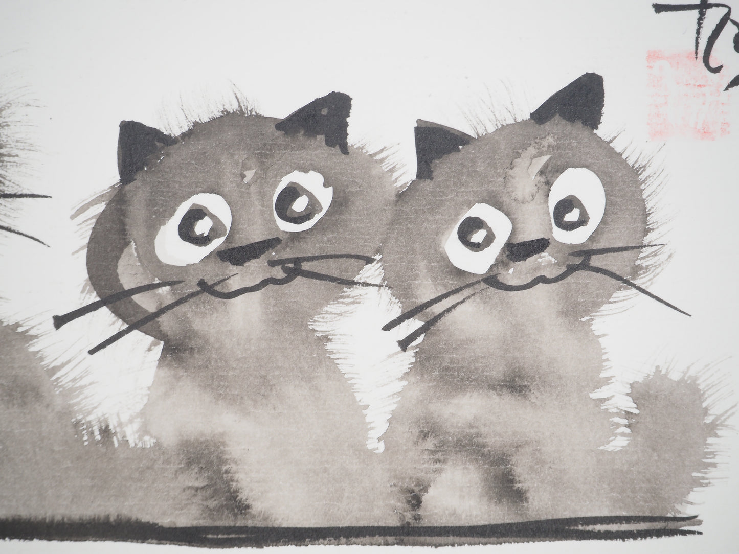 Laszlo TIBAY : Mère et sa fratrie de chatons - Dessin original signé