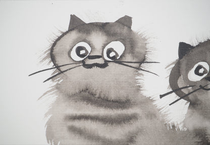 Laszlo TIBAY : Mère et sa fratrie de chatons - Dessin original signé