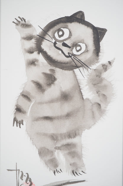 Laszlo TIBAY : Chaton jouant avec un papillon - Dessin original signé