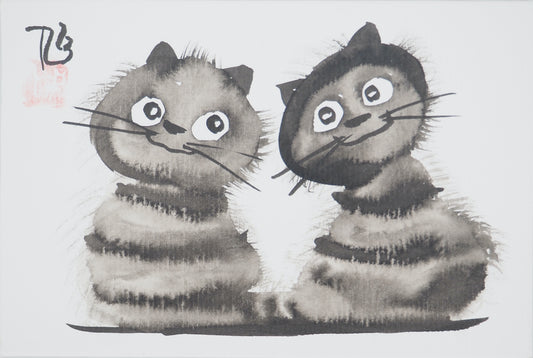 Laszlo TIBAY : Chatons complices - Dessin original signé