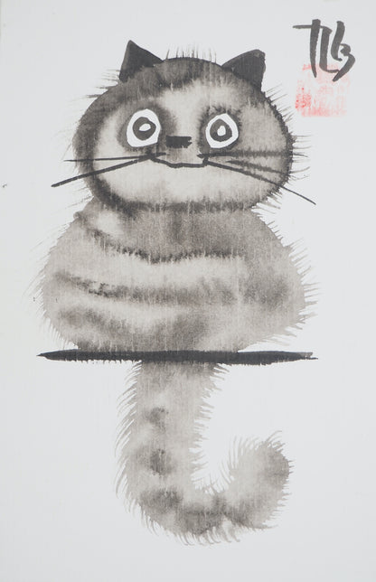 Laszlo TIBAY : Chaton rêveur - Dessin original signé
