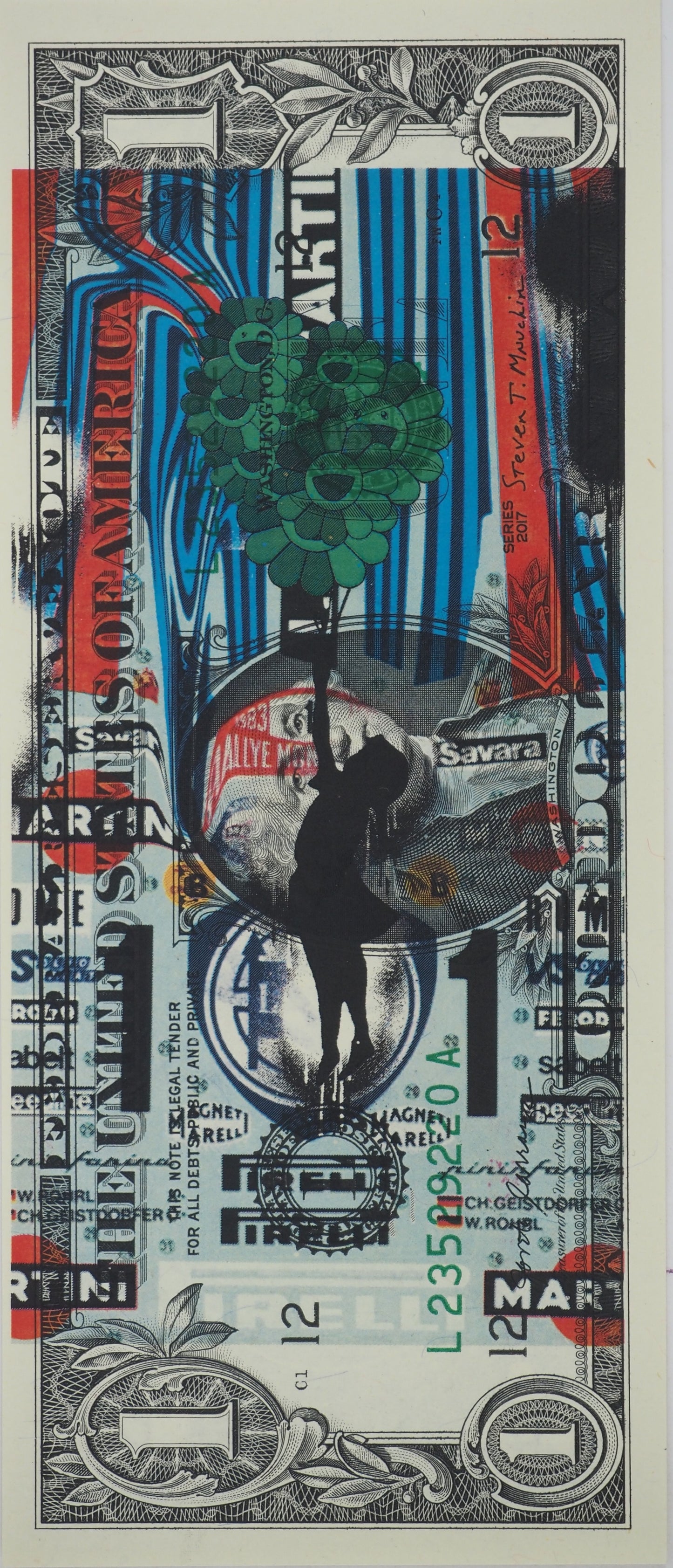 Death NYC : Banksy girl holding Murakami flowers - Sérigraphie originale signée