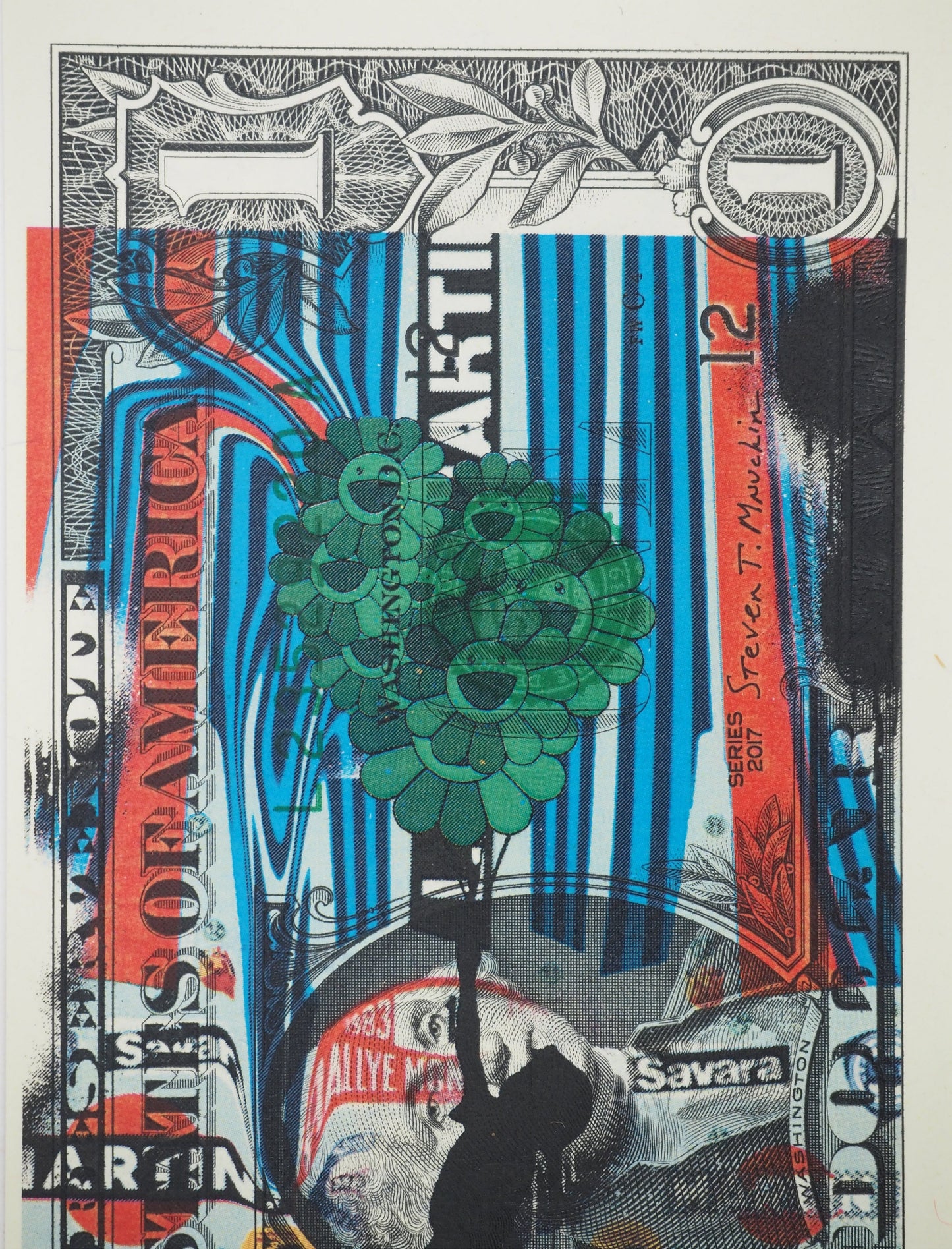 Death NYC : Banksy girl holding Murakami flowers - Sérigraphie originale signée
