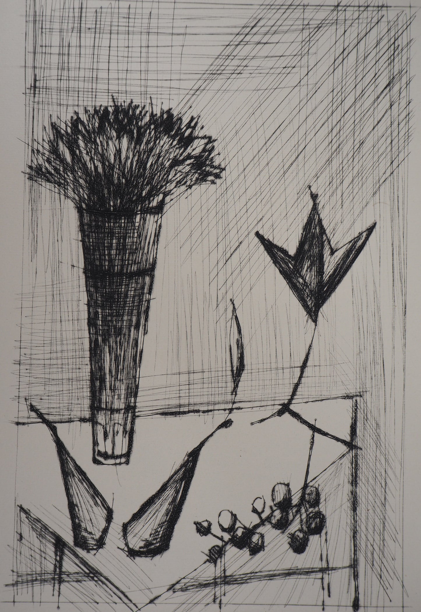 Bernard BUFFET : Nature morte aux bouquet et aux fruits - Gravure originale