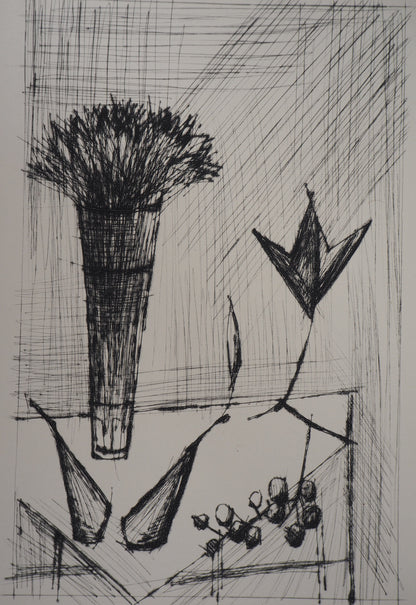 Bernard BUFFET : Nature morte aux bouquet et aux fruits - Gravure originale