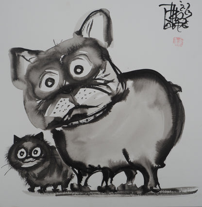 Laszlo TIBAY : Chien et son ami le chat - Dessin original signé