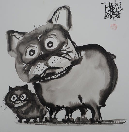 Laszlo TIBAY : Chien et son ami le chat - Dessin original signé