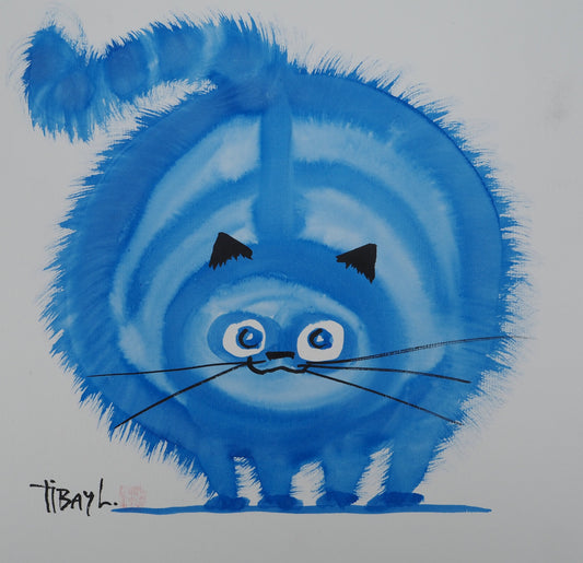 Laszlo TIBAY : Le chat bleu - Dessin original signé