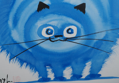 Laszlo TIBAY : Le chat bleu - Dessin original signé