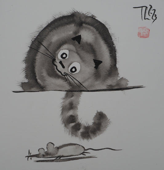 Laszlo TIBAY : Le chat et la souris - Dessin original signé