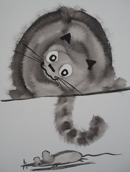 Laszlo TIBAY : Le chat et la souris - Dessin original signé