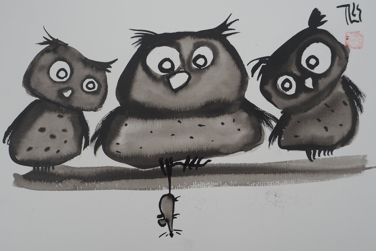 Laszlo TIBAY : Famille de hiboux - Dessin original signé