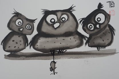 Laszlo TIBAY : Famille de hiboux - Dessin original signé