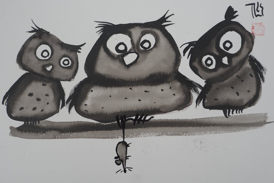 Laszlo TIBAY : Famille de hiboux - Dessin original signé