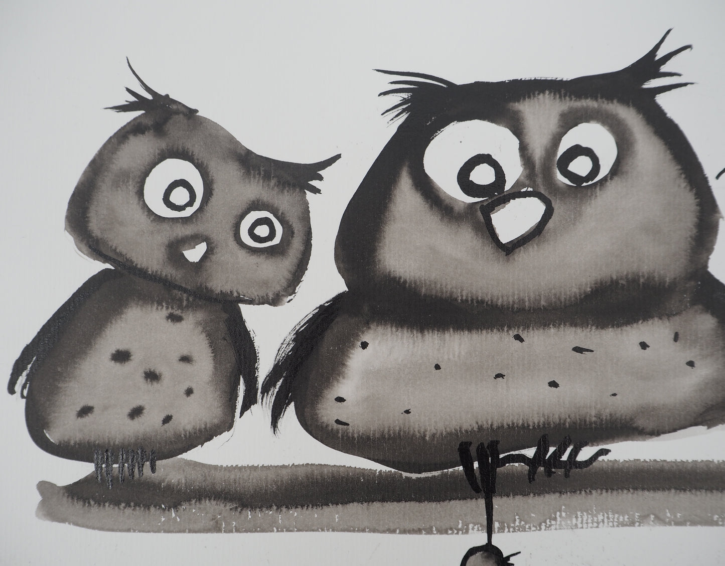 Laszlo TIBAY : Famille de hiboux - Dessin original signé