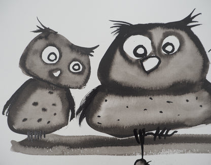 Laszlo TIBAY : Famille de hiboux - Dessin original signé