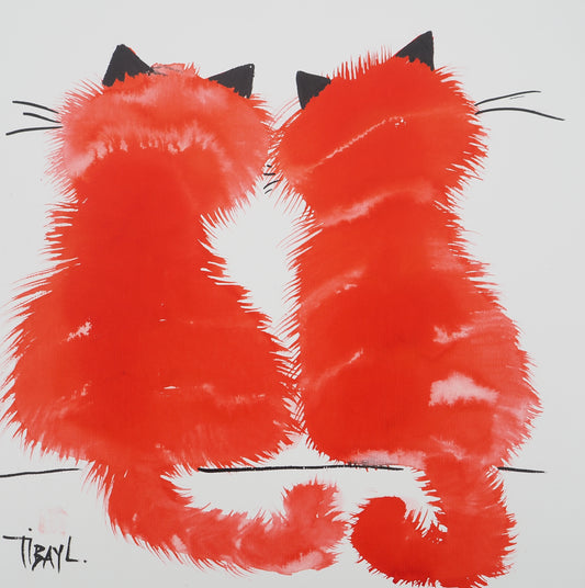 Laszlo TIBAY : Couple de chats - Dessin original signé