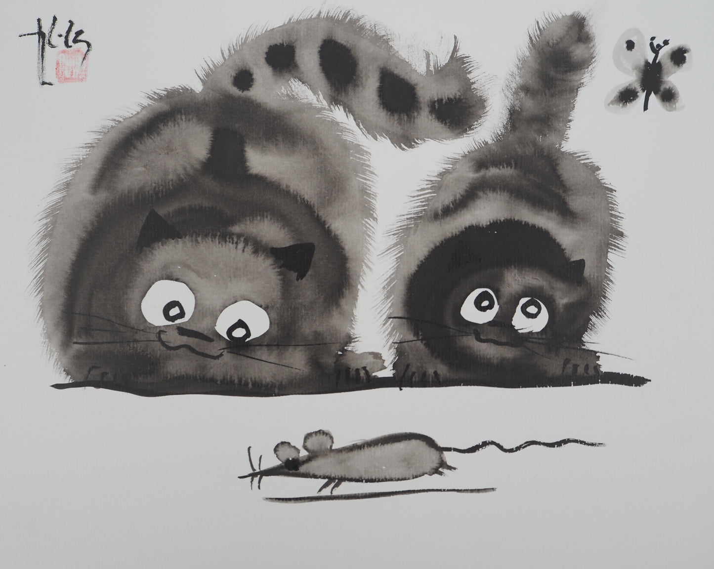 Laszlo TIBAY : Mère et son chaton - Dessin original signé