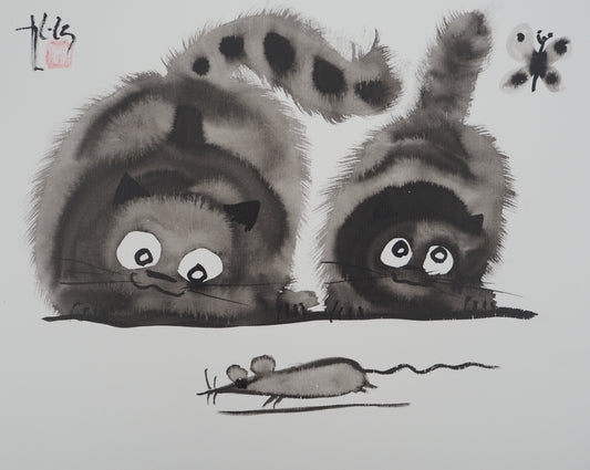 Laszlo TIBAY : Mère et son chaton - Dessin original signé
