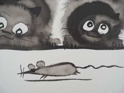 Laszlo TIBAY : Mère et son chaton - Dessin original signé