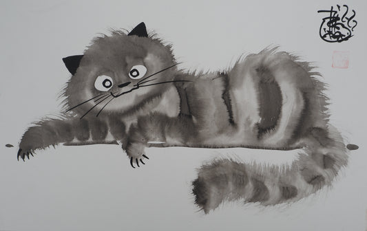 Laszlo TIBAY : Chat allongé - Dessin original signé