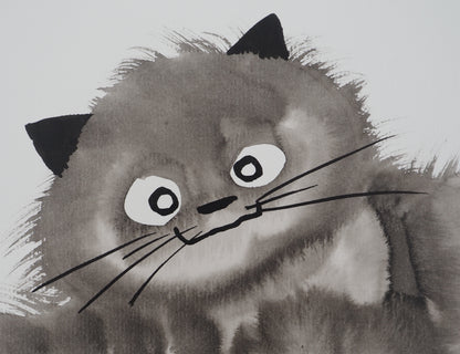 Laszlo TIBAY : Chat allongé - Dessin original signé