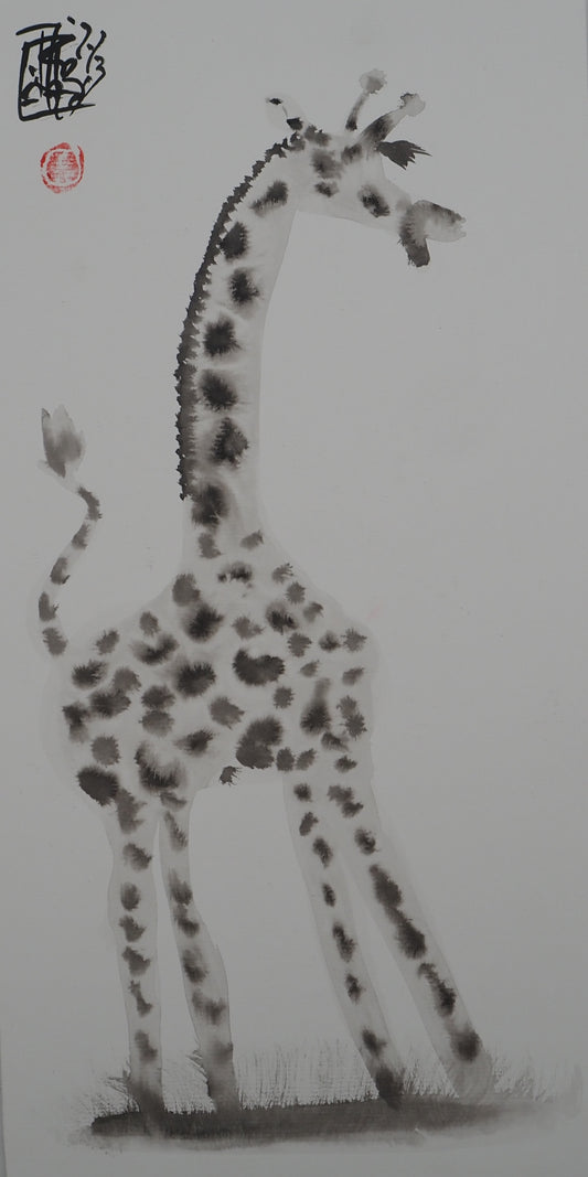 Laszlo TIBAY : La girafe enjouée - Dessin original signé