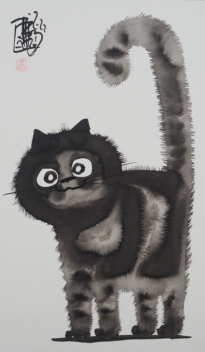 Laszlo TIBAY : Le chat amical - Dessin original signé