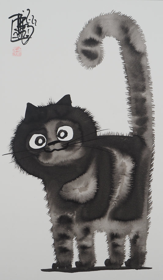 Laszlo TIBAY : Le chat amical - Dessin original signé