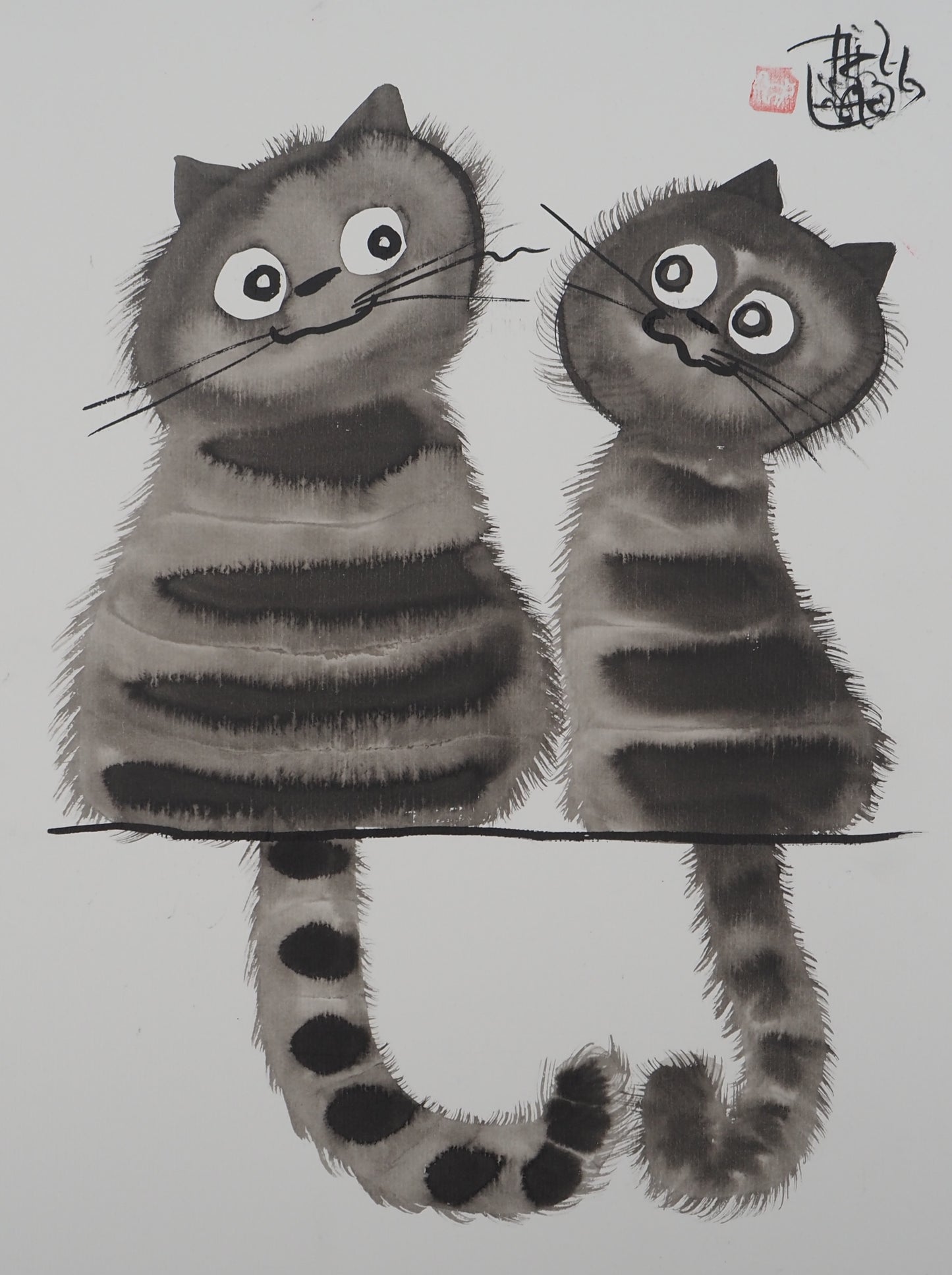Laszlo TIBAY : Les chats amoureux - Dessin original signé
