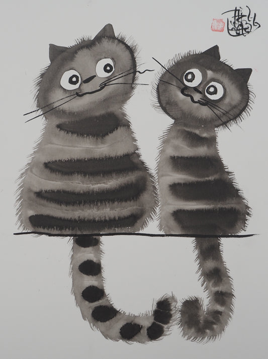 Laszlo TIBAY : Les chats amoureux - Dessin original signé